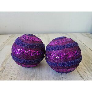 Purple sequin stripe beaded large ornament unique set Xmas tree